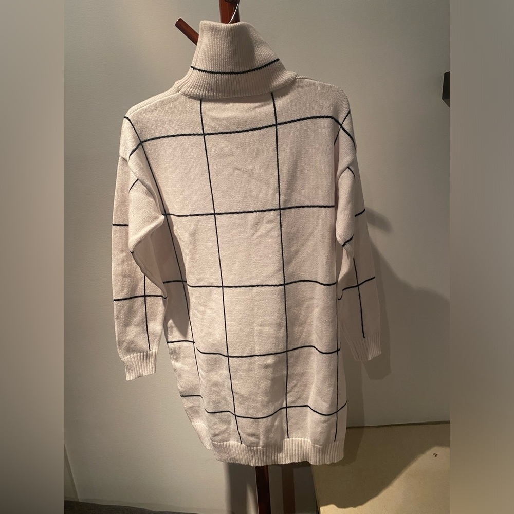 Chicwish Cream and Black Windowpane Turtleneck Sweater Dress